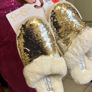 Jessica Simpson Gold Sequin Slippers with Cream Lining